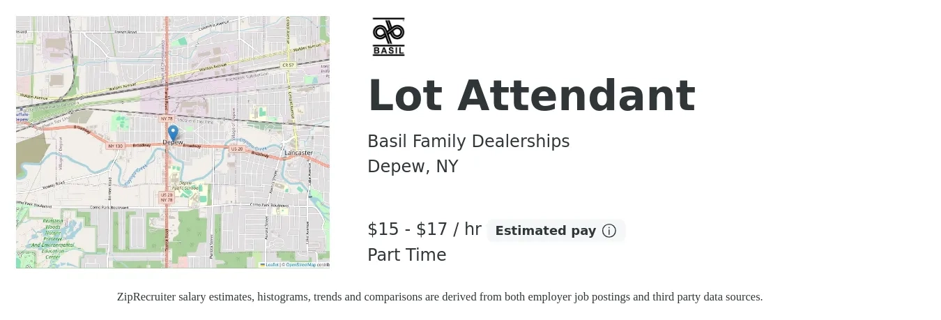 Basil Family Dealerships job posting for a Lot Attendant in Depew, NY with a salary of $16 to $18 Hourly with a map of Depew location.