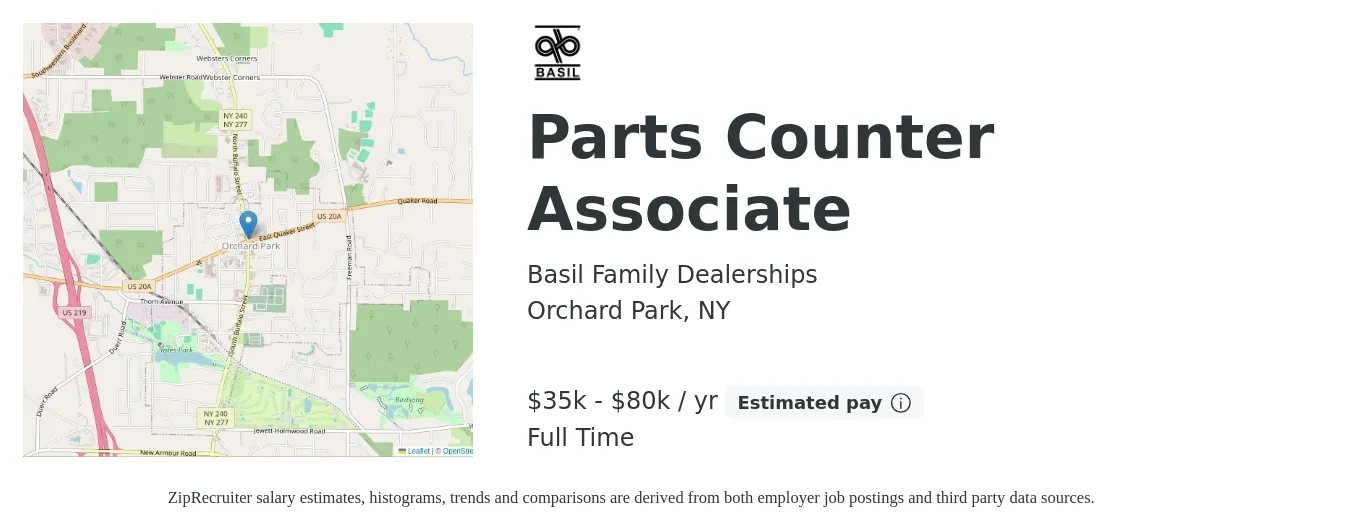 Basil Family Dealerships job posting for a Parts Counter Associate in Orchard Park, NY with a salary of $35,000 to $80,000 Yearly with a map of Orchard Park location.