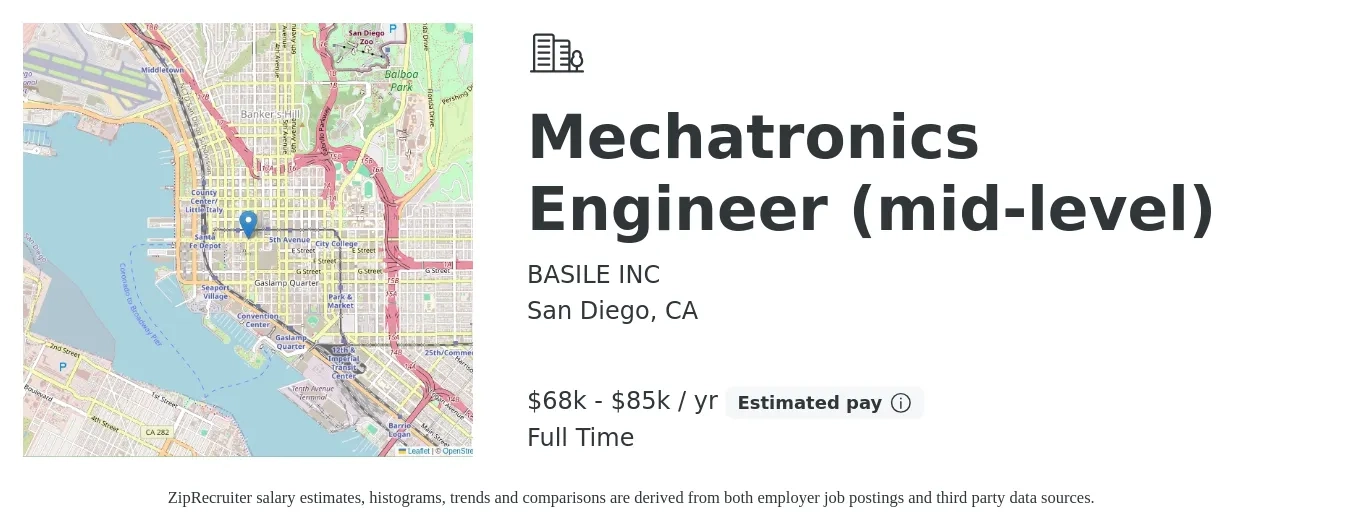 BASILE INC job posting for a Mechatronics Engineer (mid-level) in San Diego, CA with a salary of $68,000 to $85,000 Yearly with a map of San Diego location.
