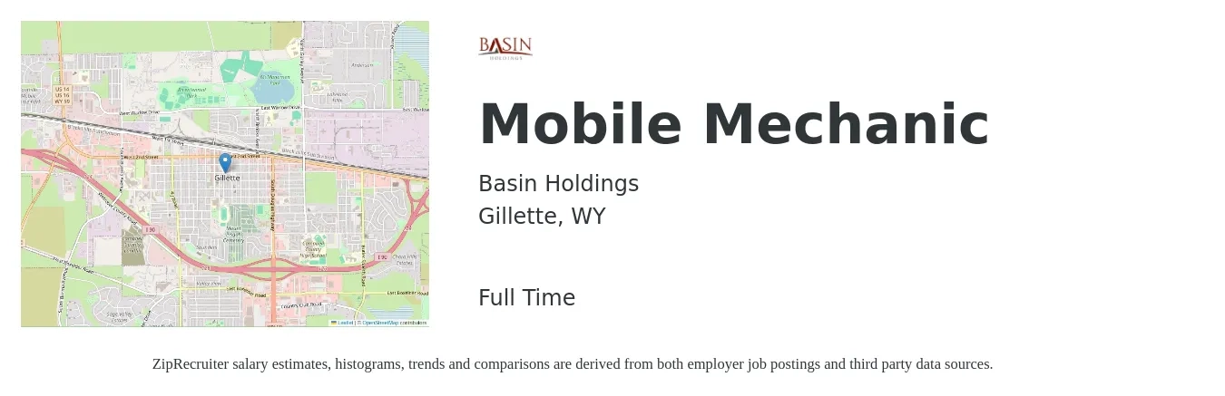 Basin Holdings job posting for a Mobile Mechanic in Gillette, WY with a salary of $22 to $31 Hourly with a map of Gillette location.