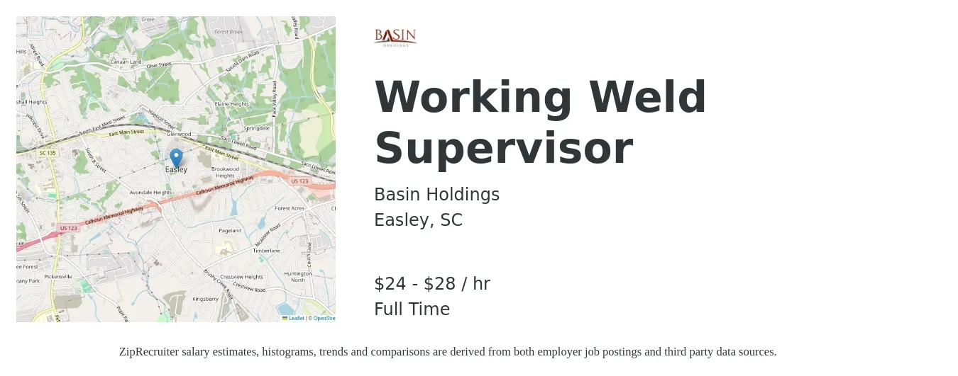Basin Holdings job posting for a Working Weld Supervisor in Easley, SC with a salary of $25 to $30 Hourly with a map of Easley location.