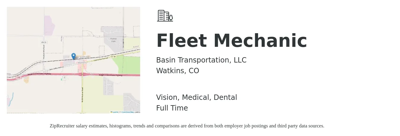 Basin Transportation, LLC job posting for a Fleet Mechanic in Watkins, CO with a salary of $26 to $34 Hourly and benefits including retirement, vision, dental, life_insurance, medical, and pto with a map of Watkins location.
