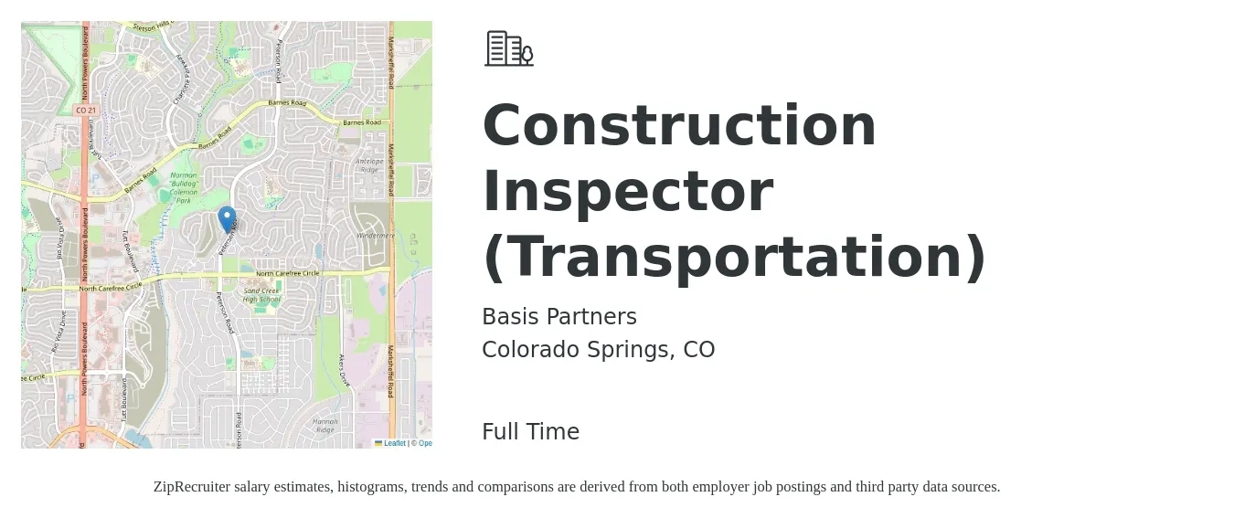 Basis Partners job posting for a Construction Inspector (Transportation) in Colorado Springs, CO with a salary of $30 to $45 Hourly with a map of Colorado Springs location.