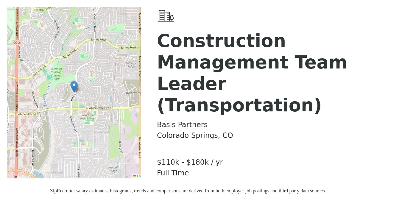 Basis Partners job posting for a Construction Management Team Leader (Transportation) in Colorado Springs, CO with a salary of $110,000 to $180,000 Yearly with a map of Colorado Springs location.