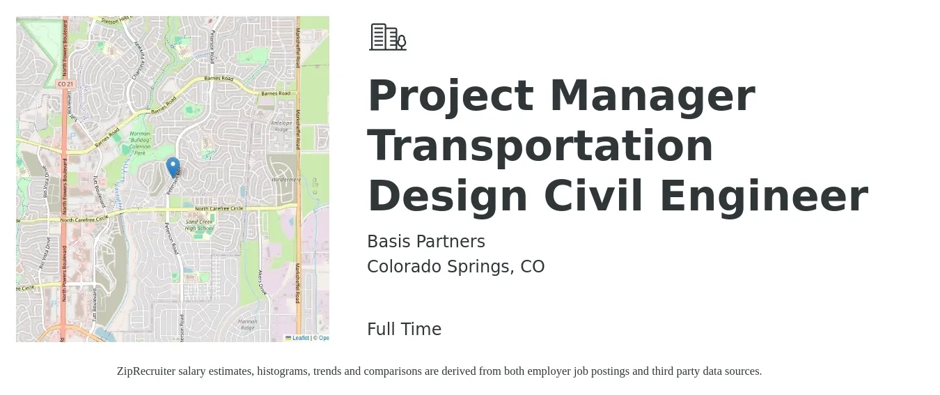 Basis Partners job posting for a Project Manager Transportation Design Civil Engineer in Colorado Springs, CO with a salary of $140,000 to $190,000 Yearly with a map of Colorado Springs location.