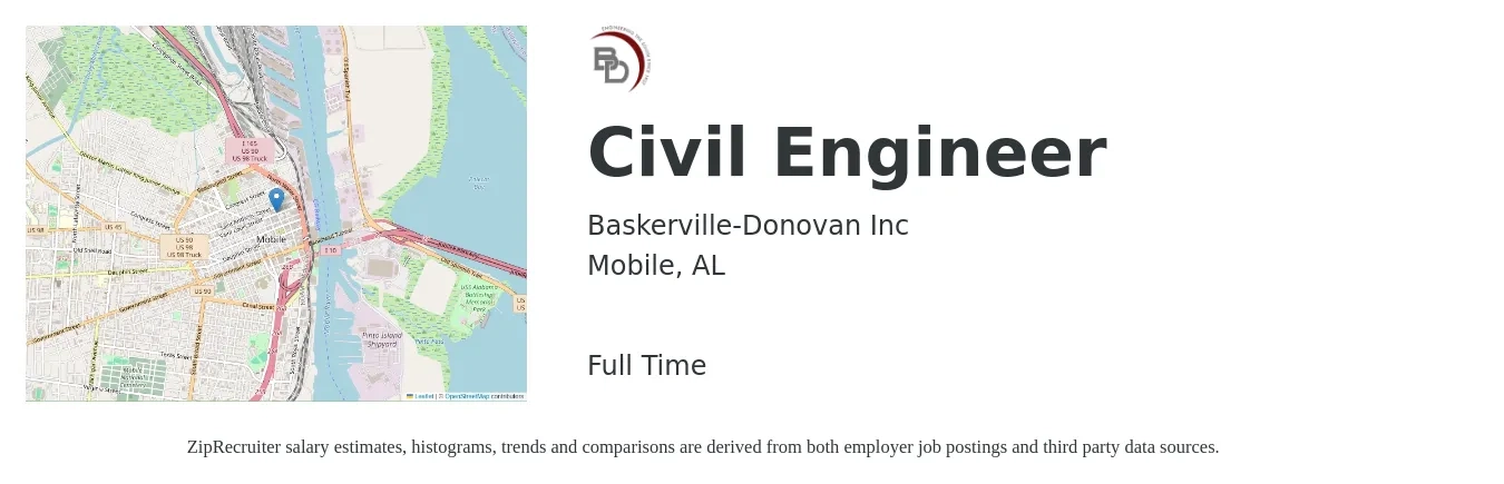 Baskerville-Donovan, Inc. job posting for a Civil Engineer in Mobile, AL with a salary of $61,200 to $89,300 Yearly with a map of Mobile location.