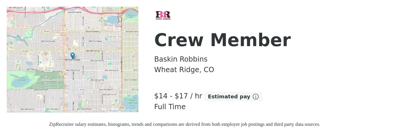 Baskin Robbins job posting for a Crew Member in Wheat Ridge, CO with a salary of $15 to $18 Hourly with a map of Wheat Ridge location.