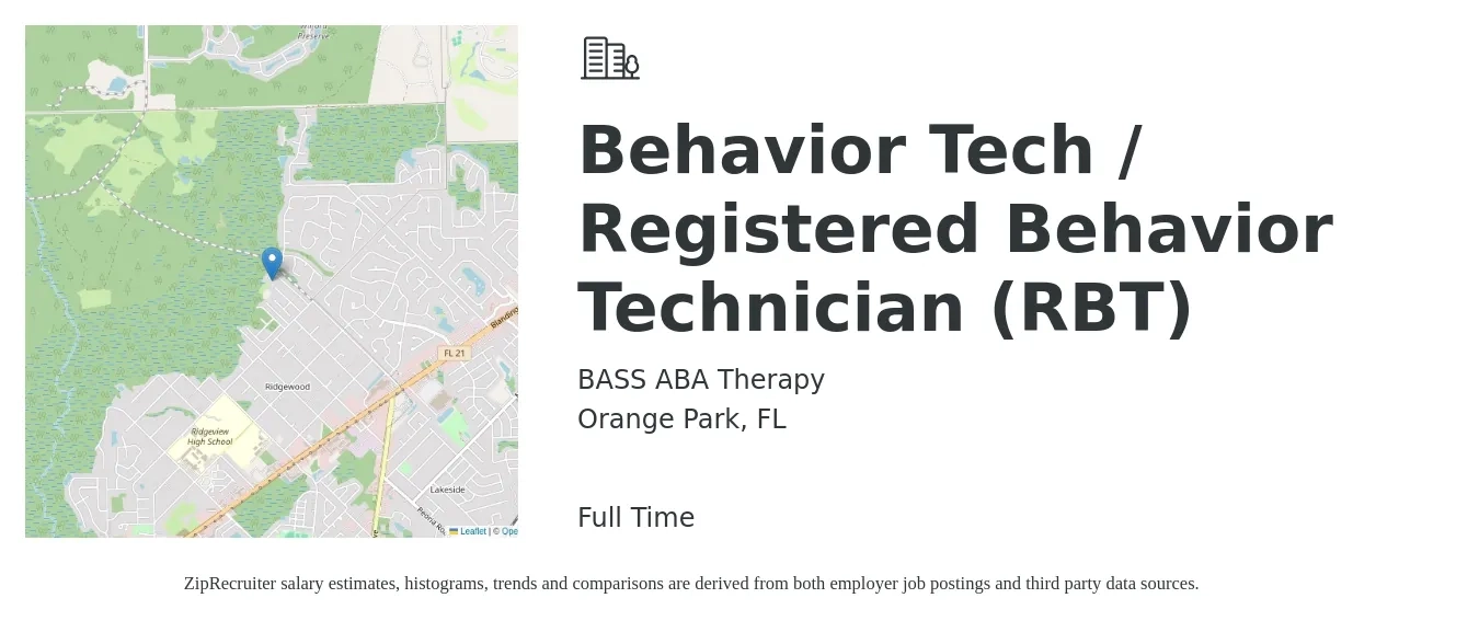 BASS ABA Therapy job posting for a Behavior Tech / Registered Behavior Technician (RBT) in Orange Park, FL with a salary of $15 to $20 Hourly with a map of Orange Park location.