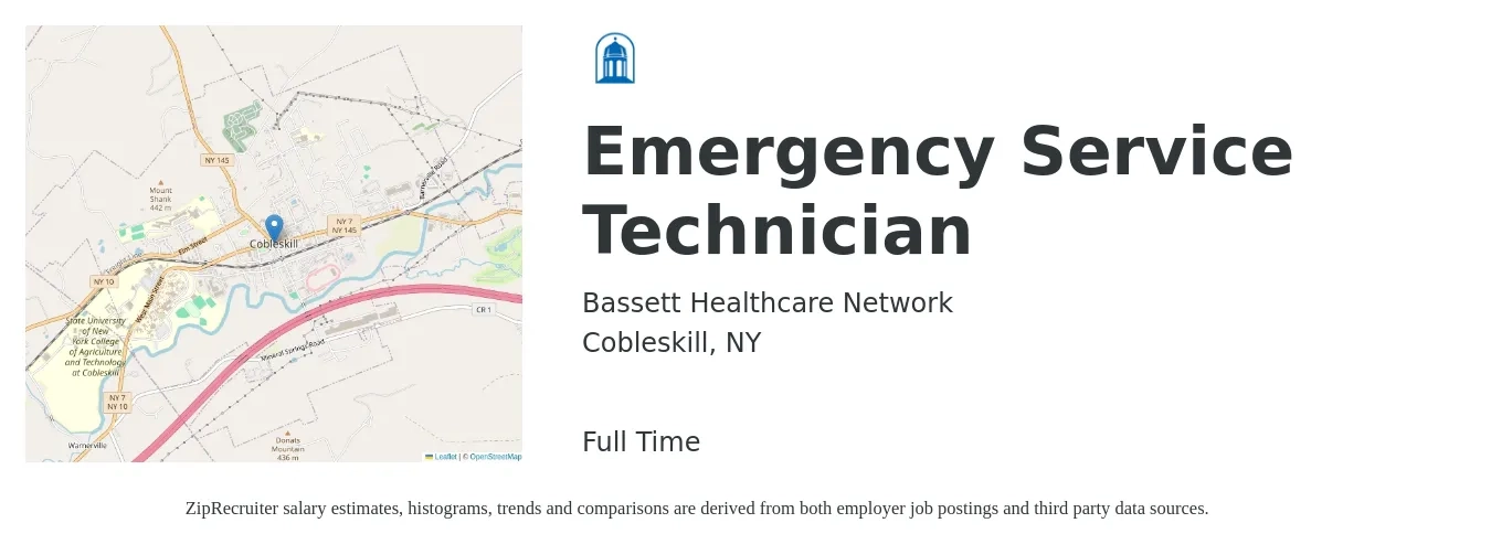 Bassett Healthcare Network job posting for a Emergency Service Technician in Cobleskill, NY with a salary of $18 to $25 Hourly with a map of Cobleskill location.