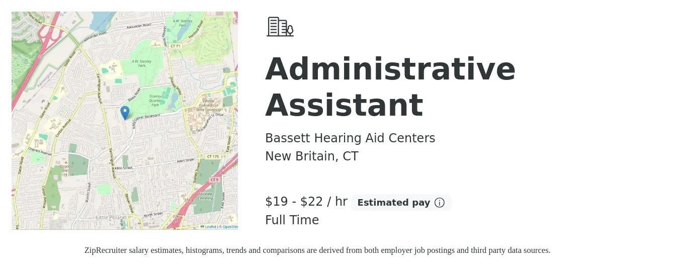 Bassett Hearing Aid Centers job posting for a Administrative Assistant in New Britain, CT with a salary of $20 to $23 Hourly and benefits including pto with a map of New Britain location.