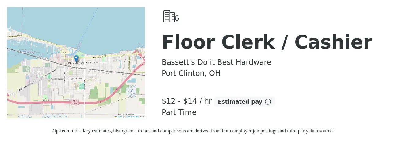 Bassett's Do it Best Hardware job posting for a Floor Clerk / Cashier in Port Clinton, OH with a salary of $13 to $15 Hourly with a map of Port Clinton location.