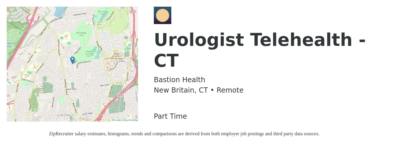 Bastion Health job posting for a Urologist Telehealth - CT in New Britain, CT with a salary of $369,900 to $395,600 Yearly with a map of New Britain location.