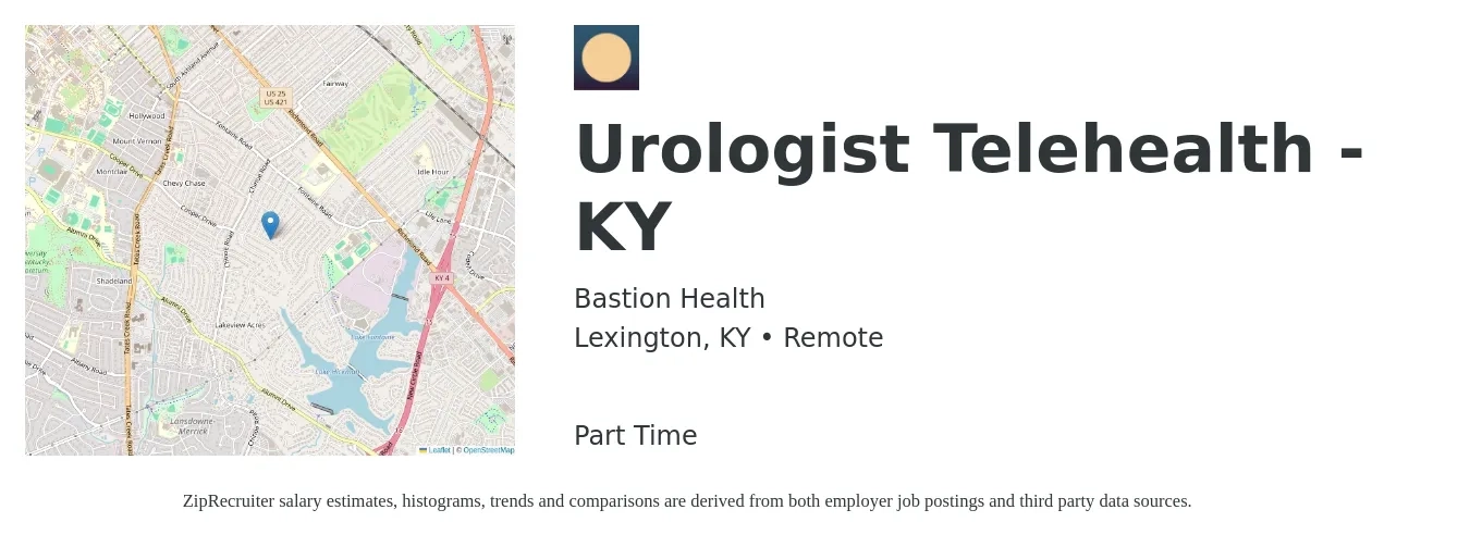 Bastion Health job posting for a Urologist Telehealth - KY in Lexington, KY with a salary of $329,400 to $352,300 Yearly with a map of Lexington location.