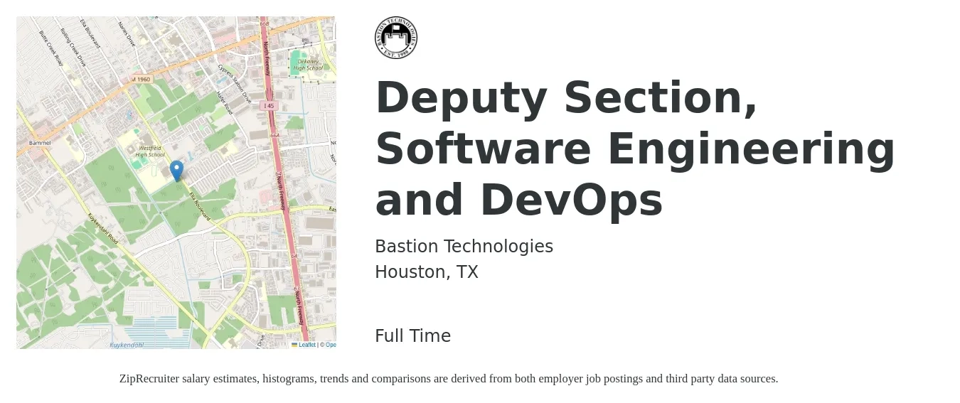 Bastion Technologies job posting for a Deputy Section, Software Engineering and DevOps in Houston, TX with a salary of $50 to $69 Hourly with a map of Houston location.