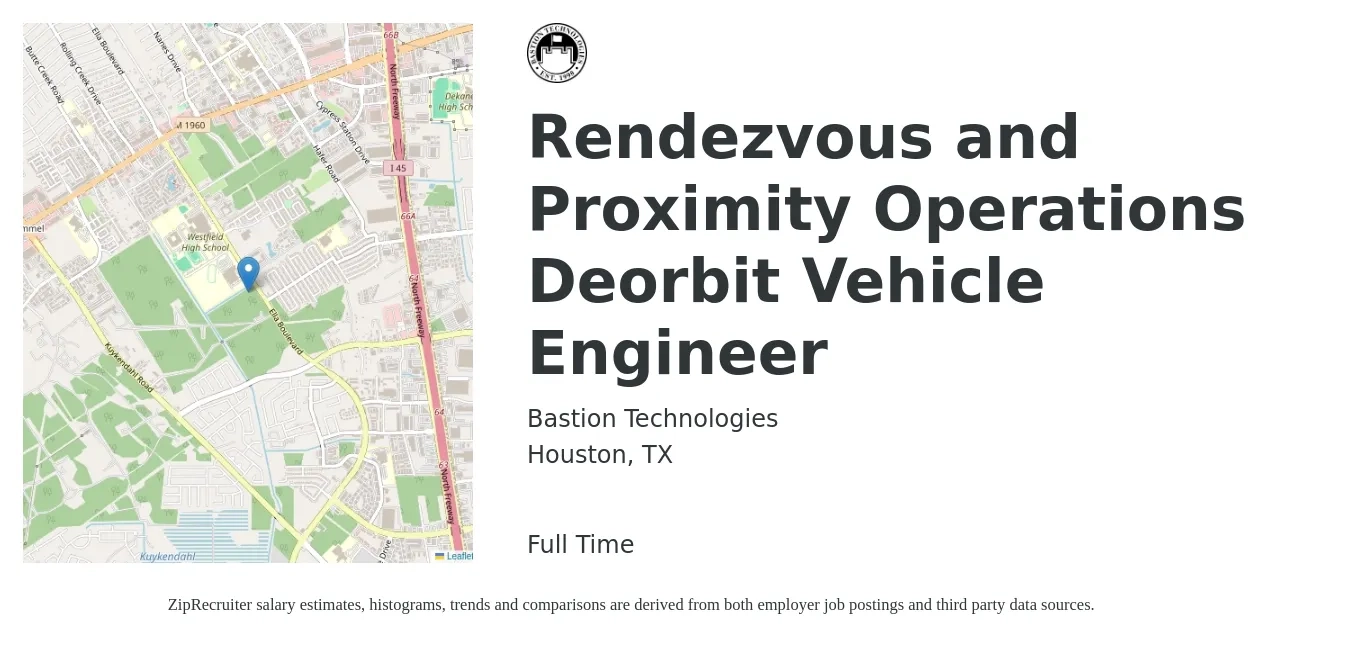Bastion Technologies job posting for a Rendezvous and Proximity Operations Deorbit Vehicle Engineer in Houston, TX with a salary of $66,300 to $89,700 Yearly with a map of Houston location.