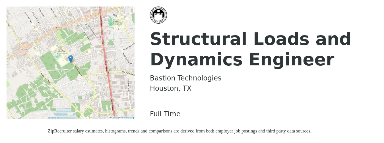 Bastion Technologies job posting for a Structural Loads and Dynamics Engineer in Houston, TX with a salary of $76,400 to $107,900 Yearly with a map of Houston location.