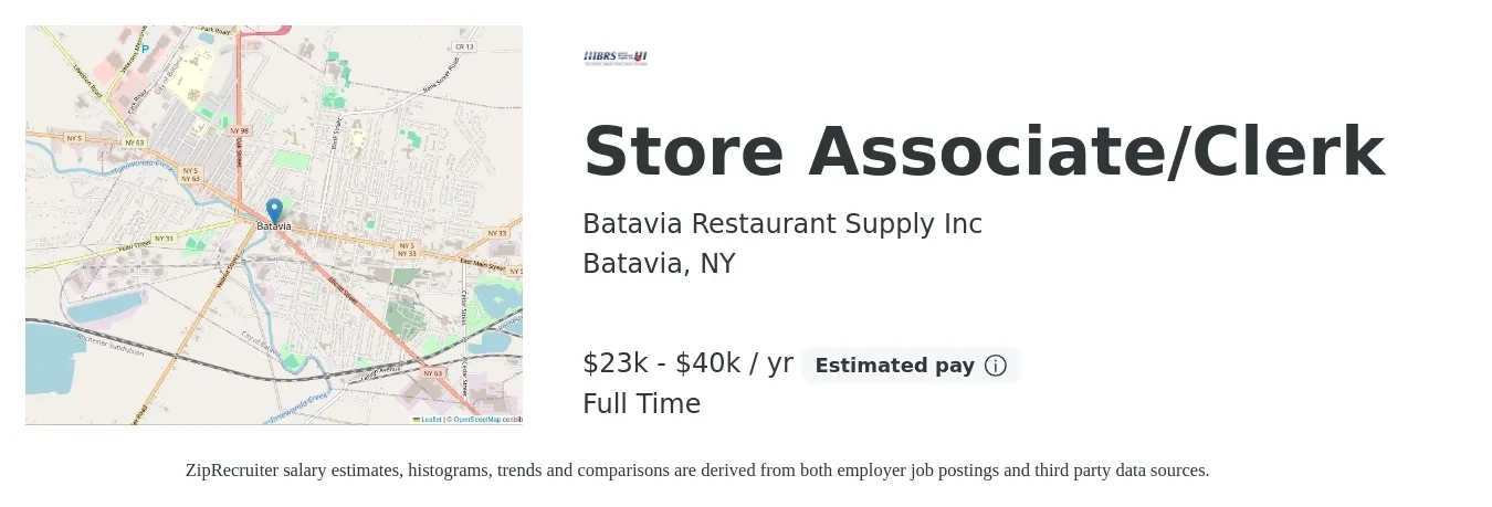 Batavia Restaurant Supply Inc job posting for a Store Associate/Clerk in Batavia, NY with a salary of $23,000 to $40,000 Yearly with a map of Batavia location.