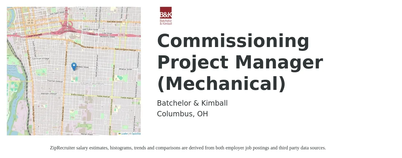 Batchelor & Kimball job posting for a Commissioning Project Manager (Mechanical) in Columbus, OH with a salary of $100,000 to $115,000 Yearly with a map of Columbus location.