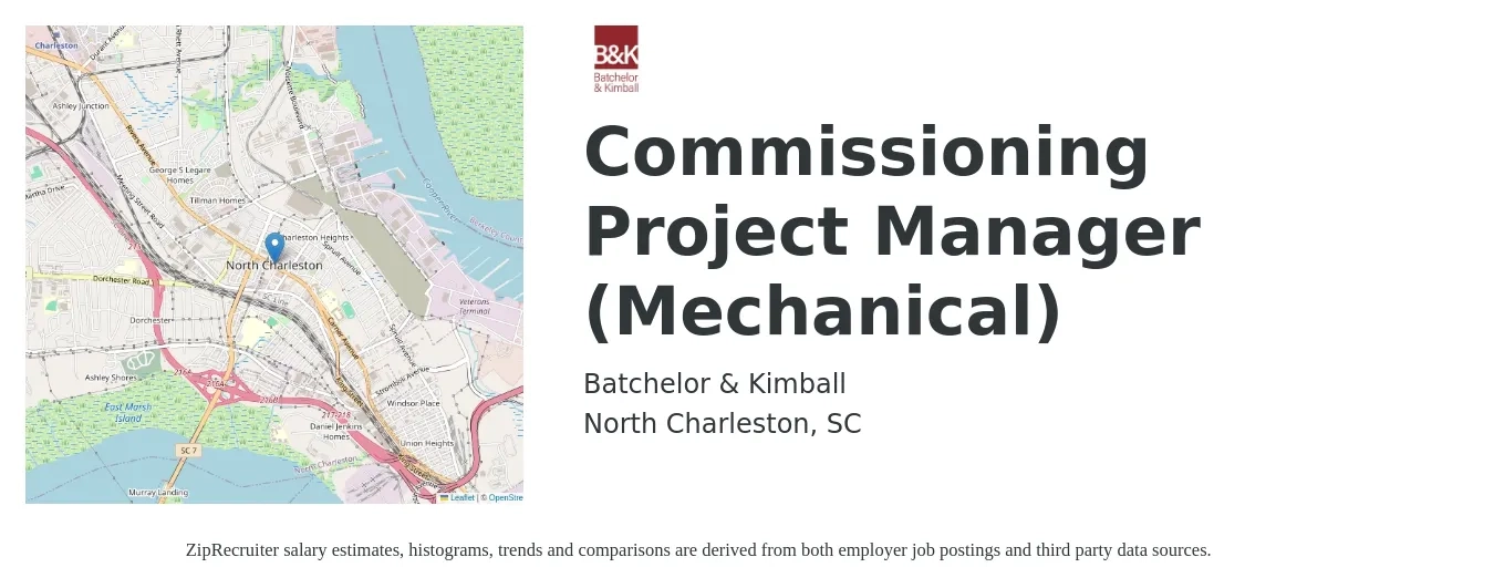 Batchelor & Kimball job posting for a Commissioning Project Manager (Mechanical) in North Charleston, SC with a salary of $100,000 to $125,000 Yearly with a map of North Charleston location.