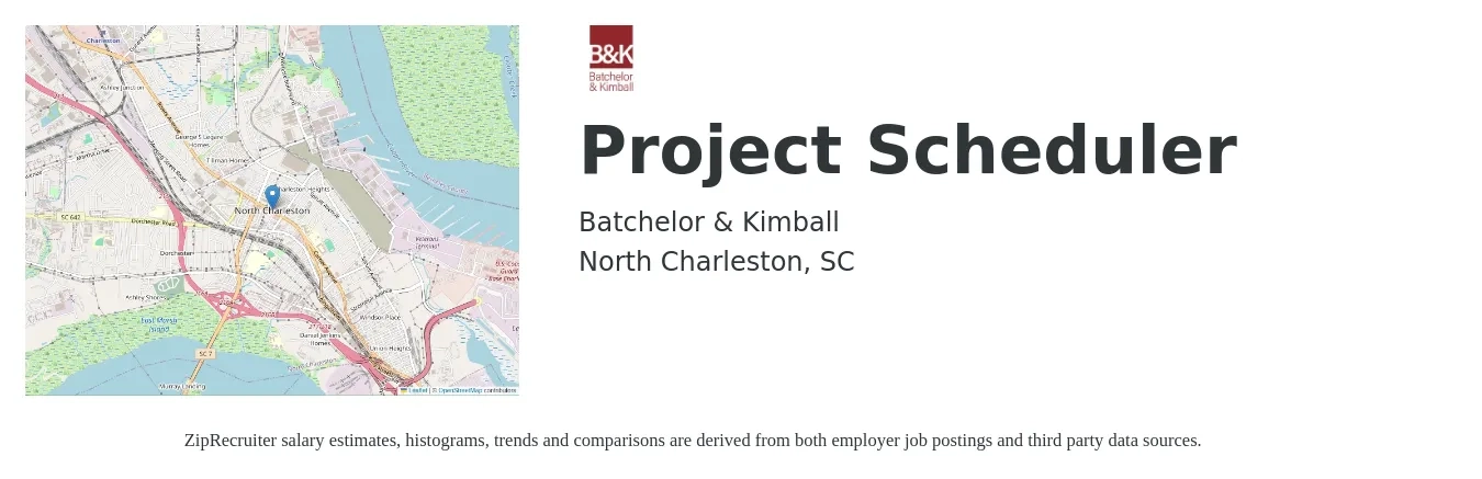 Batchelor & Kimball job posting for a Project Scheduler in North Charleston, SC with a salary of $93,000 to $136,400 Yearly with a map of North Charleston location.
