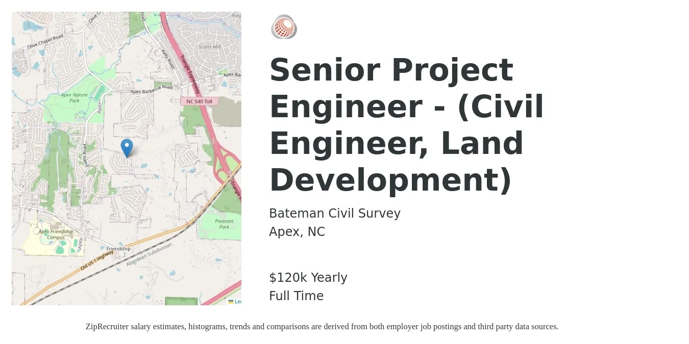 Bateman Civil Survey job posting for a Senior Project Engineer - (Civil Engineer, Land Development) in Apex, NC with a salary of $120,000 Yearly with a map of Apex location.