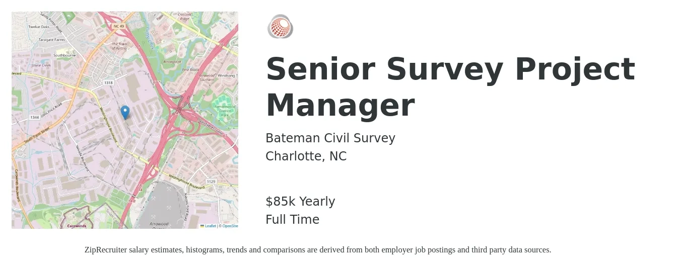 Bateman Civil Survey job posting for a Senior Survey Project Manager in Charlotte, NC with a salary of $85,000 Yearly with a map of Charlotte location.