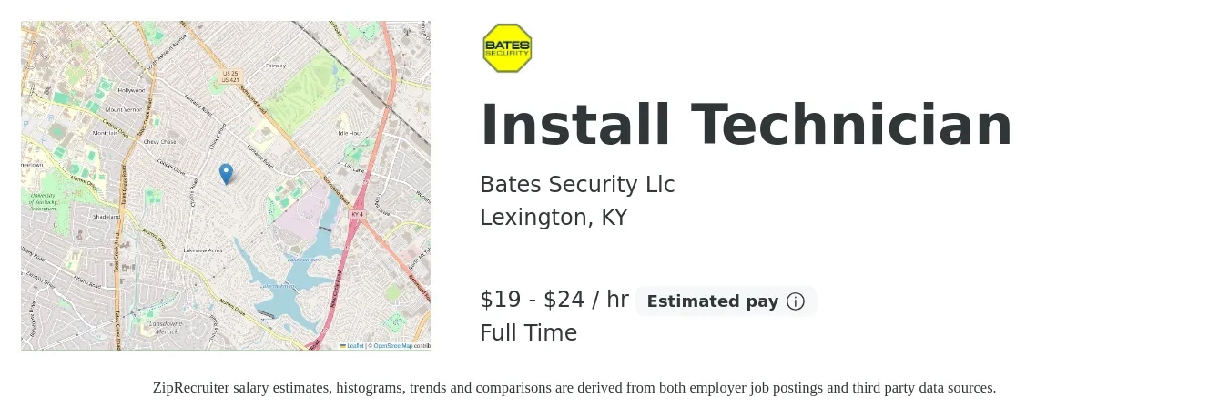 Bates Security Llc job posting for a Install Technician in Lexington, KY with a salary of $20 to $25 Hourly with a map of Lexington location.