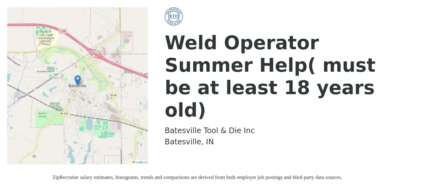 Batesville Tool & Die Inc job posting for a Weld Operator Summer Help( must be at least 18 years old) in Batesville, IN with a salary of $16 to $20 Hourly with a map of Batesville location.