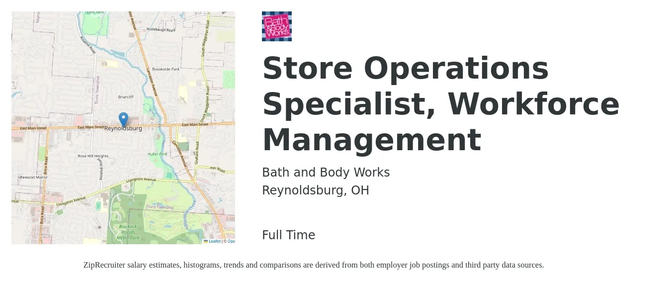 Bath and Body Works job posting for a Store Operations Specialist, Workforce Management in Reynoldsburg, OH with a salary of $18 to $23 Hourly with a map of Reynoldsburg location.