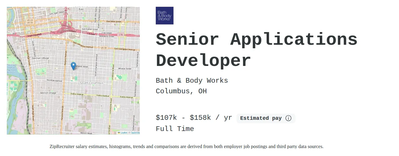 Bath & Body Works job posting for a Senior Applications Developer in Columbus, OH with a salary of $107,000 to $158,400 Annually and benefits including Medical, Vision, Dental, PTO, and Retirement with a map of Columbus location.