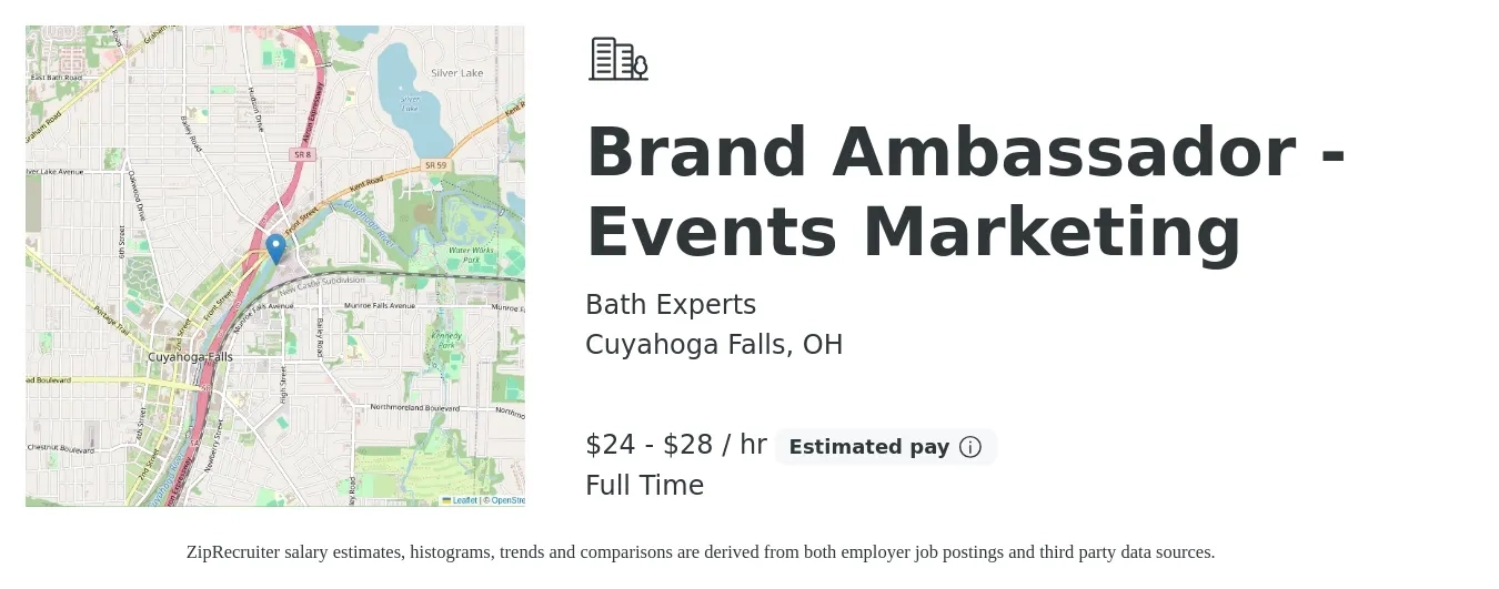 Bath Experts job posting for a Brand Ambassador - Events Marketing in Cuyahoga Falls, OH with a salary of $25 to $30 Hourly with a map of Cuyahoga Falls location.