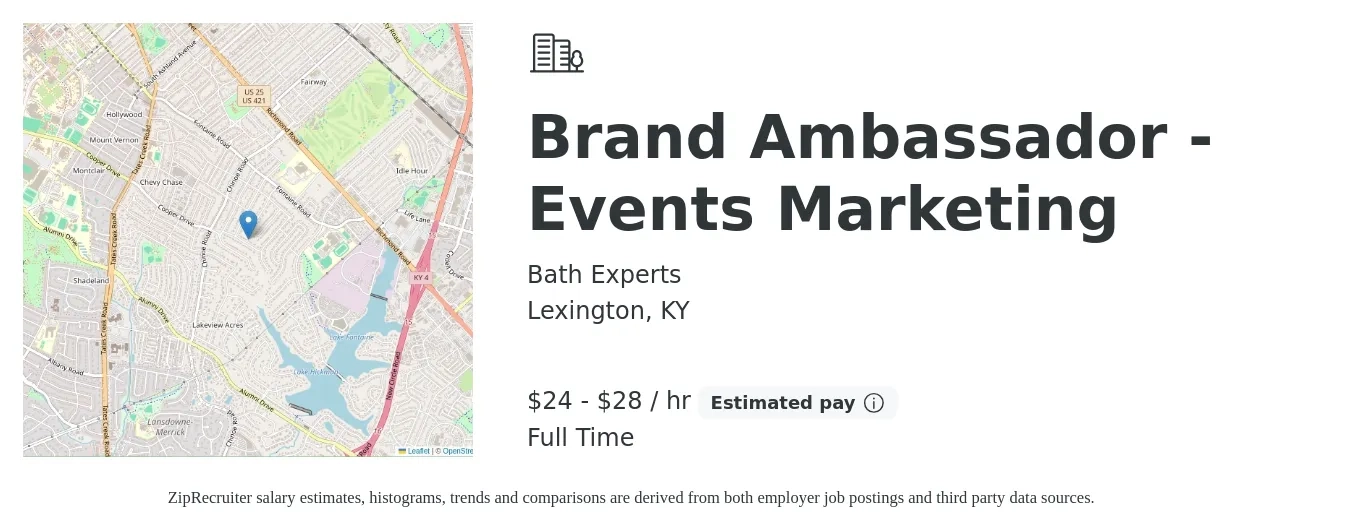 Bath Experts job posting for a Brand Ambassador - Events Marketing in Lexington, KY with a salary of $25 to $30 Hourly with a map of Lexington location.