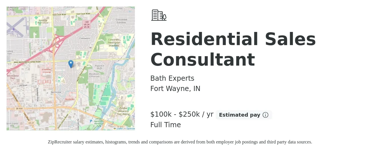 Bath Experts job posting for a Residential Sales Consultant in Fort Wayne, IN with a salary of $100,000 to $250,000 Yearly with a map of Fort Wayne location.