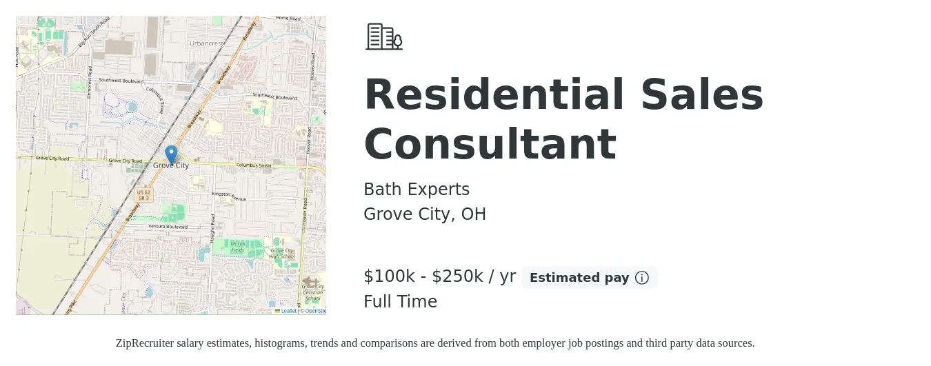 Bath Experts job posting for a Residential Sales Consultant in Grove City, OH with a salary of $100,000 to $250,000 Yearly with a map of Grove City location.