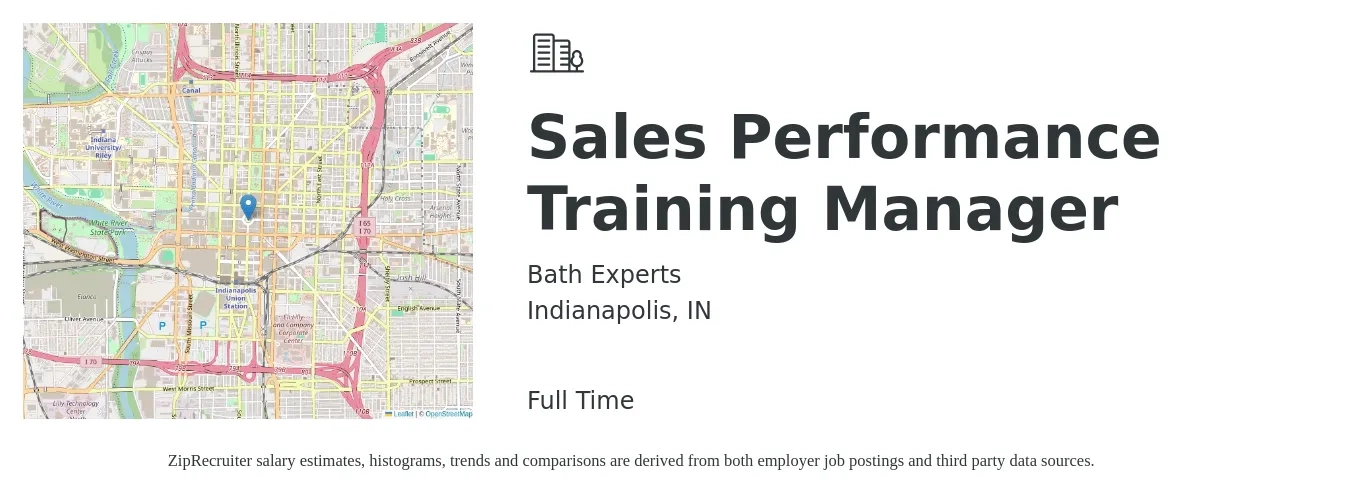 Bath Experts job posting for a Sales Performance Training Manager in Indianapolis, IN with a salary of $34,400 to $107,500 Yearly with a map of Indianapolis location.