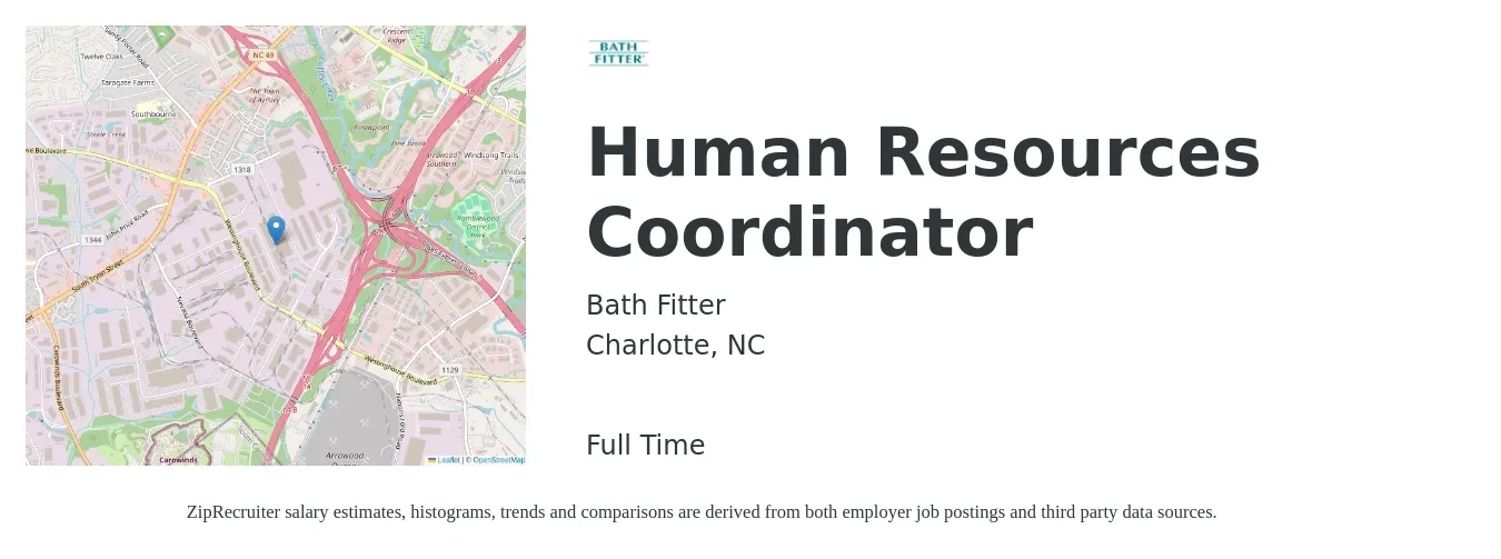 Bath Fitter job posting for a Human Resources Coordinator in Charlotte, NC with a salary of $20 to $26 Hourly with a map of Charlotte location.