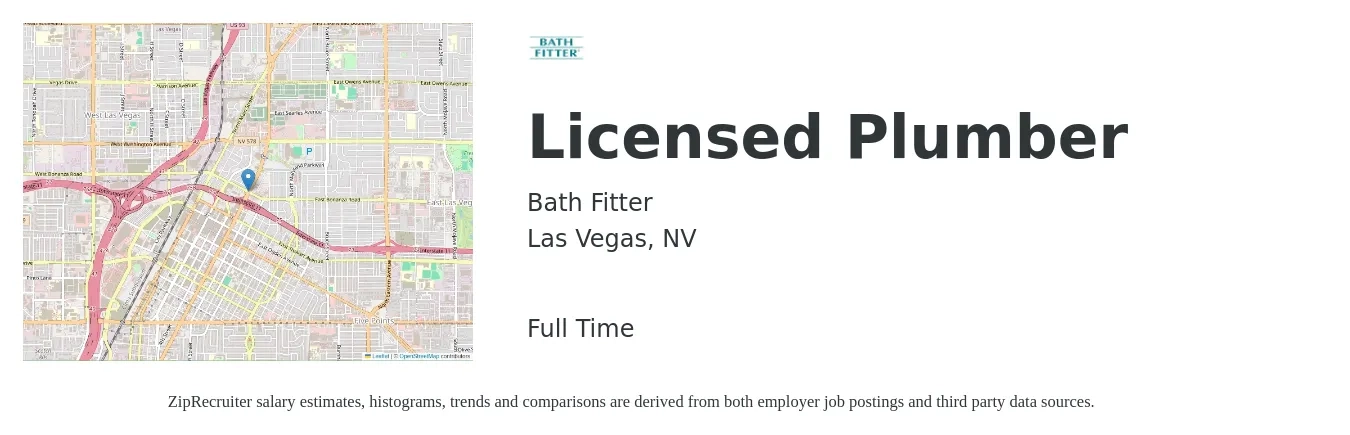 Bath Fitter job posting for a Licensed Plumber in Las Vegas, NV with a salary of $28 to $42 Hourly with a map of Las Vegas location.