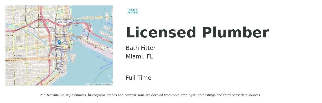 Bath Fitter job posting for a Licensed Plumber in Miami, FL with a salary of $28 to $42 Hourly with a map of Miami location.