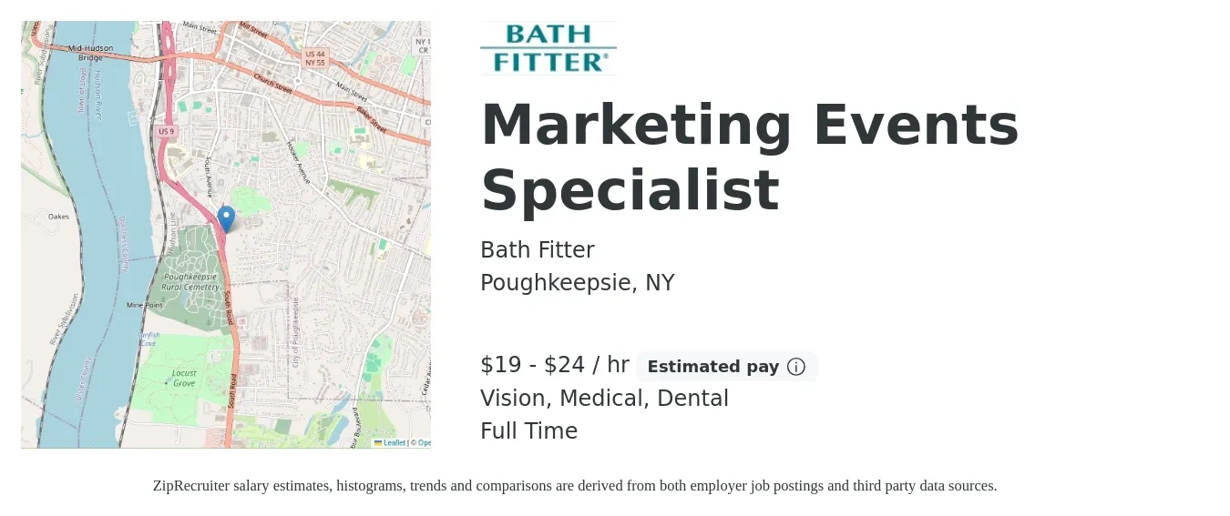 Bath Fitter job posting for a Marketing Events Specialist in Poughkeepsie, NY with a salary of $20 to $25 Hourly with a map of Poughkeepsie location.