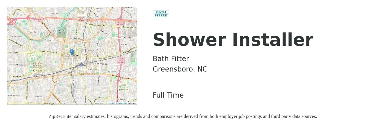 Bath Fitter job posting for a Shower Installer in Greensboro, NC with a salary of $19 to $36 Hourly with a map of Greensboro location.