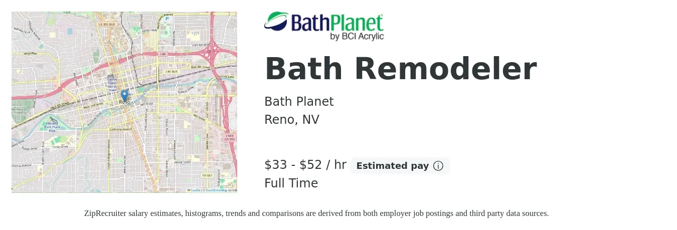 Bath Planet job posting for a Bath Remodeler in Reno, NV with a salary of $35 to $55 Hourly with a map of Reno location.