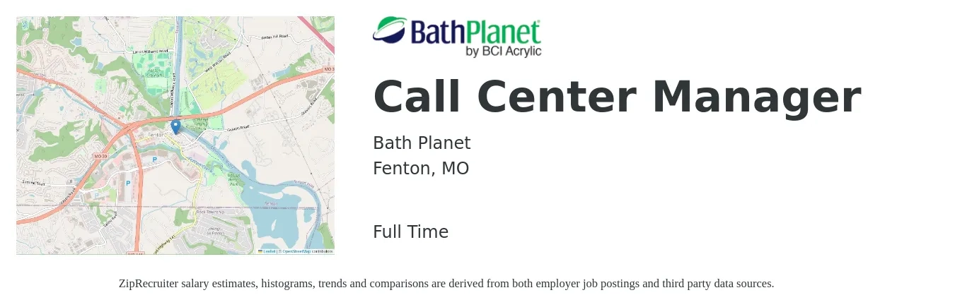 Bath Planet job posting for a Call Center Manager in Fenton, MO with a salary of $46,000 to $71,900 Yearly with a map of Fenton location.