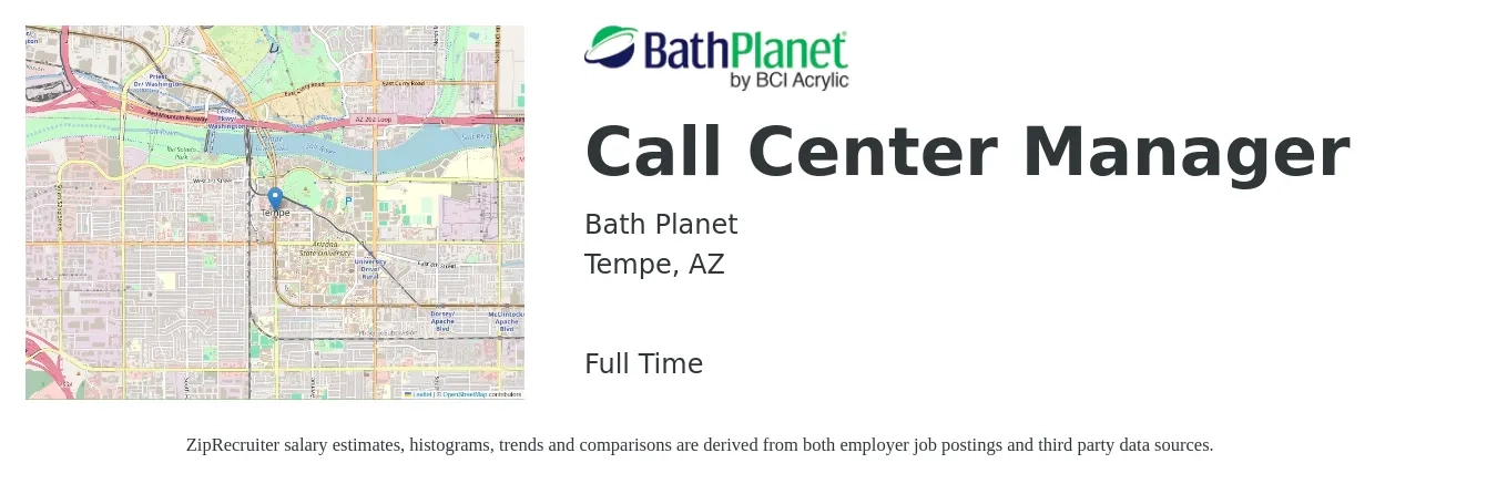 Bath Planet job posting for a Call Center Manager in Tempe, AZ with a salary of $46,600 to $72,900 Yearly with a map of Tempe location.