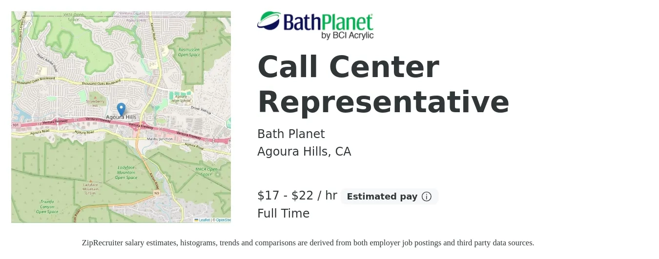 Bath Planet job posting for a Call Center Representative in Agoura Hills, CA with a salary of $18 to $23 Hourly with a map of Agoura Hills location.
