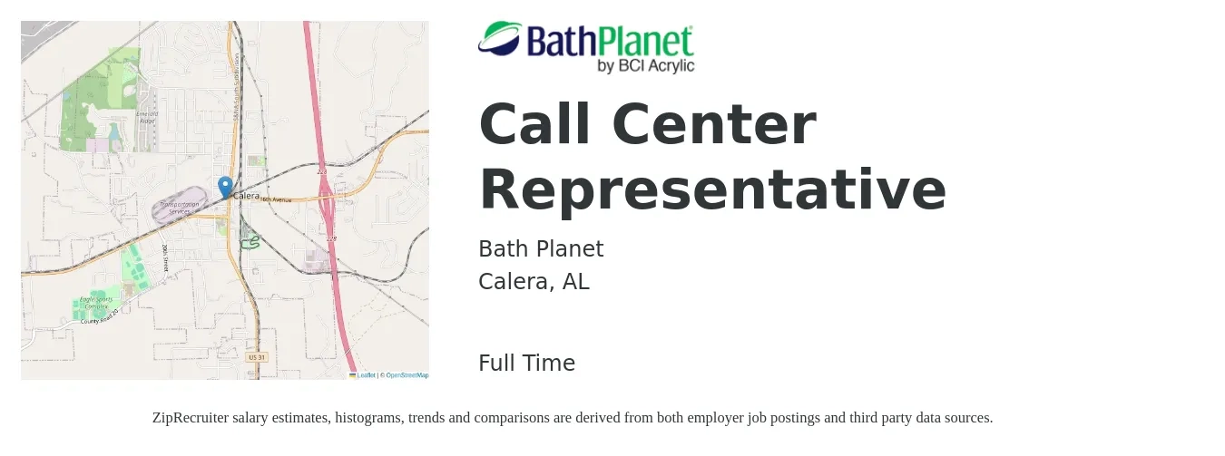Bath Planet job posting for a Call Center Representative in Calera, AL with a salary of $15 to $18 Hourly with a map of Calera location.