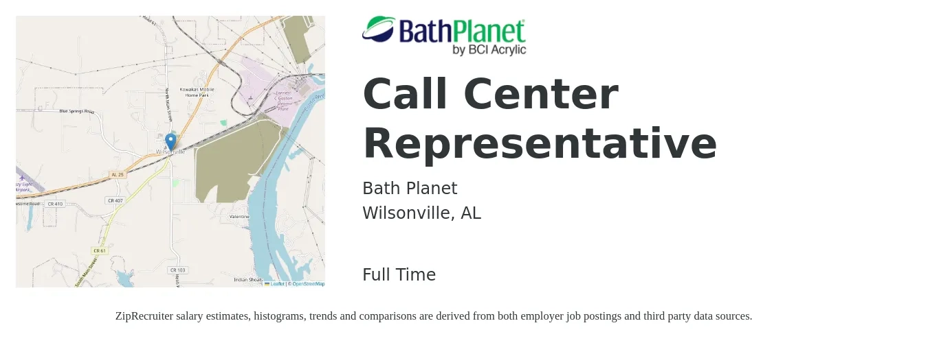 Bath Planet job posting for a Call Center Representative in Wilsonville, AL with a salary of $16 to $19 Hourly with a map of Wilsonville location.