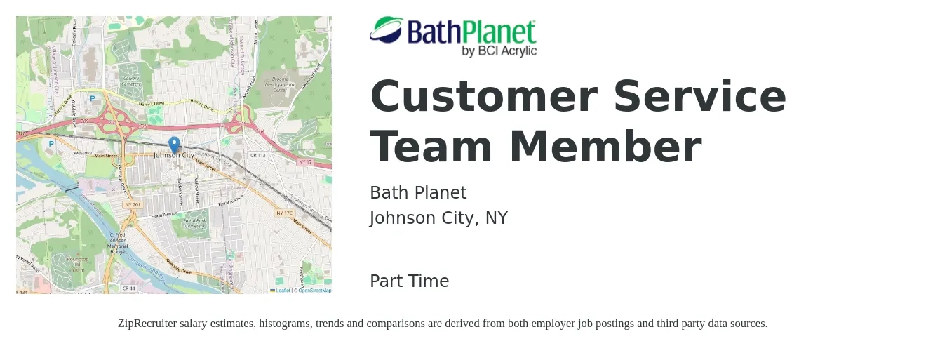 Bath Planet job posting for a Customer Service Team Member in Johnson City, NY with a salary of $15 to $21 Hourly with a map of Johnson City location.