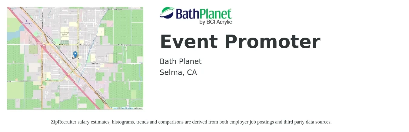 Bath Planet job posting for a Event Promoter in Selma, CA with a salary of $17 to $20 Hourly with a map of Selma location.