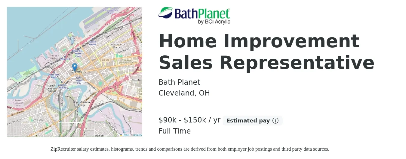 Bath Planet job posting for a Home Improvement Sales Representative in Cleveland, OH with a salary of $90,000 to $150,000 Yearly with a map of Cleveland location.