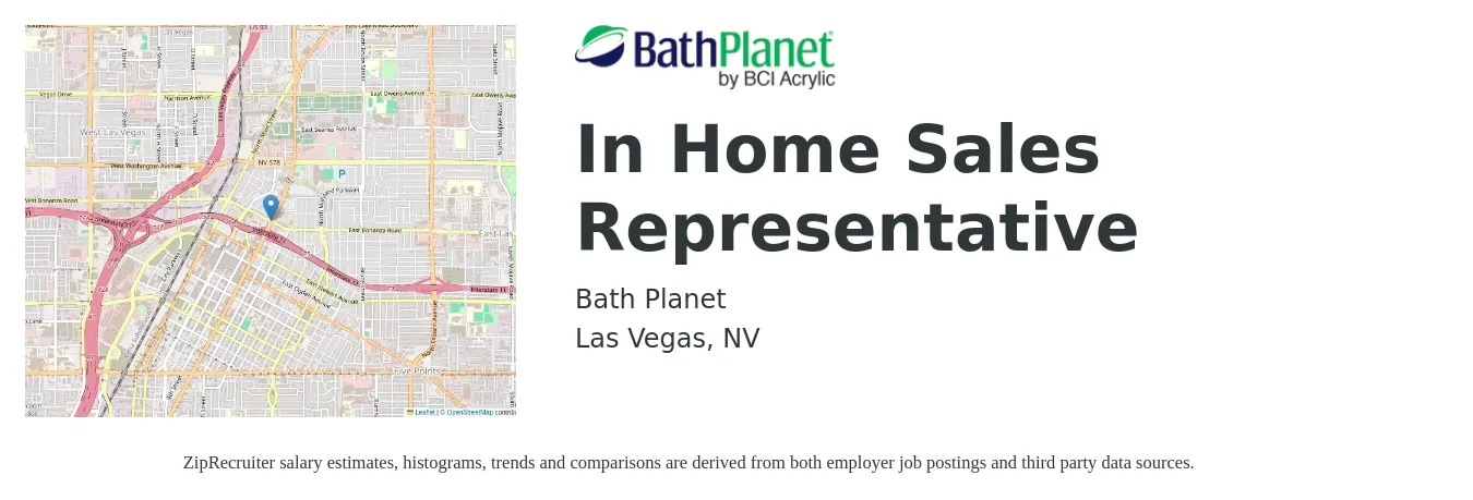 Bath Planet job posting for a In Home Sales Representative in Las Vegas, NV with a salary of $75,500 to $135,200 Yearly with a map of Las Vegas location.
